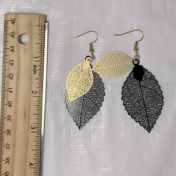 Black and Gold Leaf Drop Earrings - Picture 2 of 2